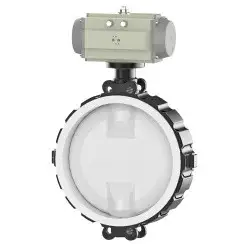 Wafer type lined butterfly valve and stainless steel with molybdenum disk and PTFE seat, DN500, PN16. PA200 series pneumatic actuator
