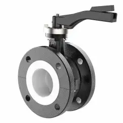 Flanged type lined butterfly valve with stainless-steel body and stainless steel disk and PTFE seat, DN100, PN10. PA200 series handle
