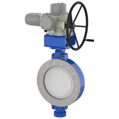 Wafer type butterfly valve with double eccentricity with steel body and stainless steel disk and PTFE seat, DN500, PN16. PA400 series electric actuator