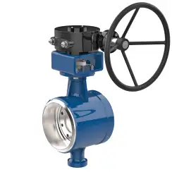 Welded type butterfly valve with tripple eccentricity with steel body and stainless steel disk and ss304+graphite seat, DN300, PN25/16. PA900 series reducer
