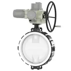 Wafer type lined butterfly valve and stainless steel with molybdenum disk and PTFE seat, DN500, PN16. PA200 series electric actuator
