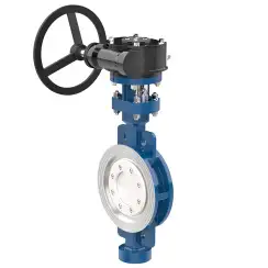 Wafer type butterfly valve with tripple eccentricity with steel body and carbon steel disk and ss304+graphite seat, DN100, PN16. PA900 series reducer
