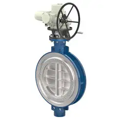 Wafer type butterfly valve with tripple eccentricity with steel body and carbon steel disk and metal-on-metal seat, DN900, PN16. PA900 series electric actuator