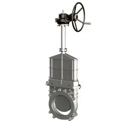 Unidirectional knife gate valve for high pressure with blind body with stainless-steel + molybdenum body and metal-on-metal seat, DN1200, PN10. PA570 series reducer