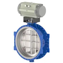 Flanged type butterfly valve with double eccentricity and ductile iron disk and EPDM seat, DN500, PN10. PA700 series pneumatic actuator