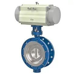 Flanged type butterfly valve with tripple eccentricity with steel body and carbon steel disk and ss304+graphite seat, DN150, PN16. PA900 series pneumatic actuator