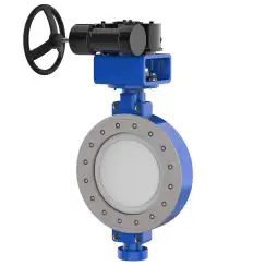 Wafer type butterfly valve with double eccentricity with steel body and stainless steel disk and PTFE seat, DN500, PN16. PA400 series reducer