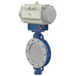 Wafer type butterfly valve with double eccentricity with steel body and stainless steel disk and PTFE seat, DN80, PN16. PA400 series pneumatic actuator