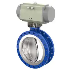 Flanged type butterfly valve with double eccentricity and ductile iron disk and EPDM seat, DN200, PN10. PA700 series pneumatic actuator