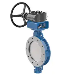 Wafer type butterfly valve with double eccentricity with steel body and stainless steel disk and PTFE seat, DN80, PN16. PA400 series reducer