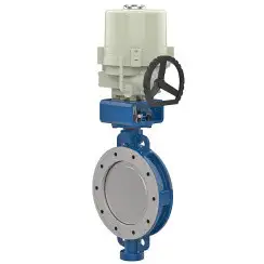 Wafer type butterfly valve with double eccentricity with steel body and stainless steel disk and PTFE seat, DN80, PN16. PA400 series electric actuator